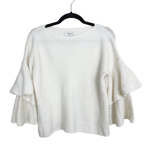 Madewell Tier Sleeve Sweater Cream Small S Wool Stretch Bateau Neck 3/4 Sleeve - Picture 1 of 14